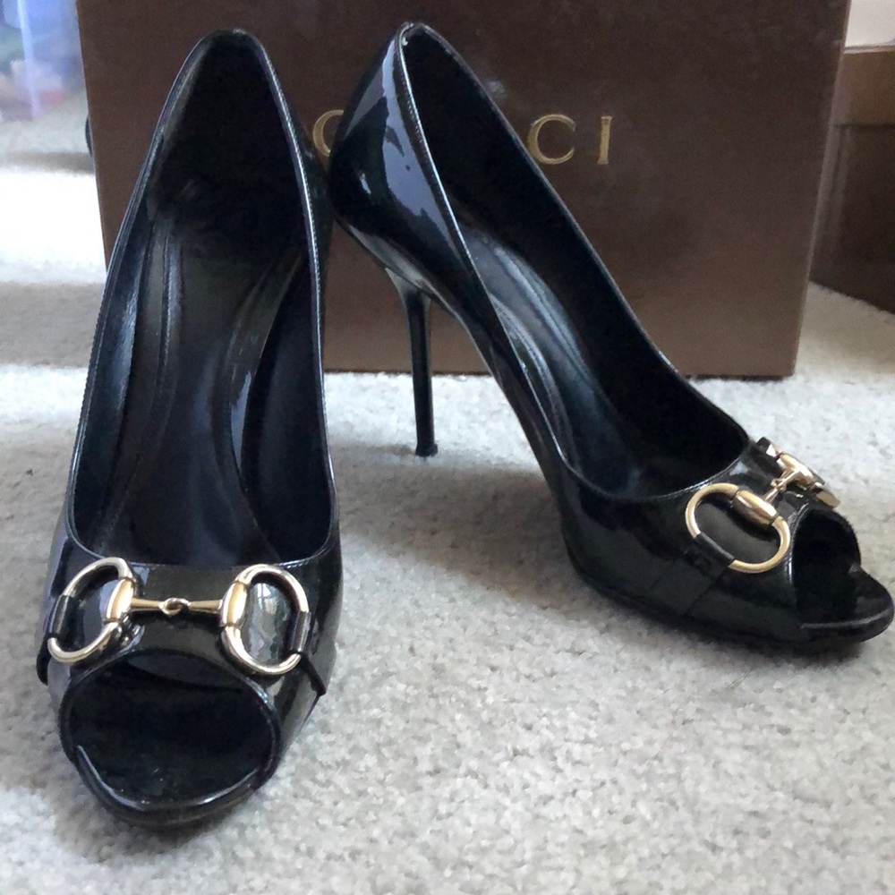 Authentic Gucci Black Patent Peep-toe Pump